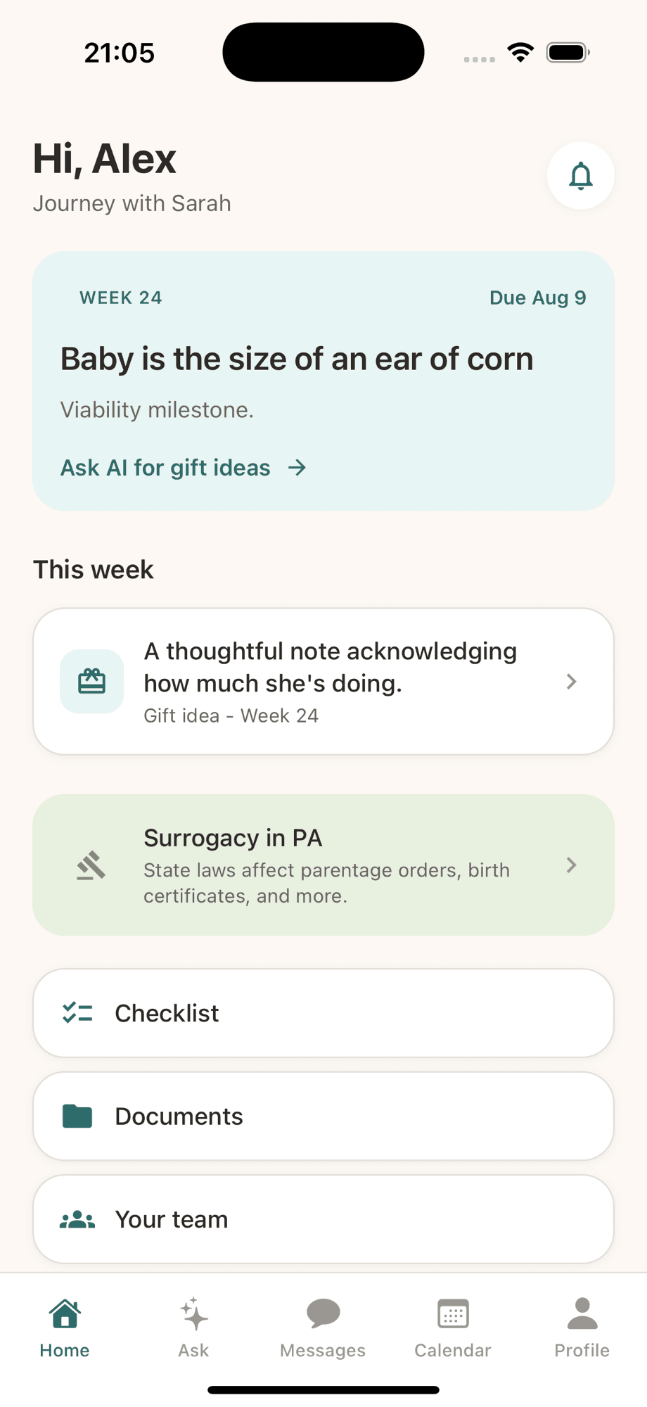 Gest app home screen showing weekly baby updates, gift suggestions, state-specific surrogacy legal info, and journey checklist